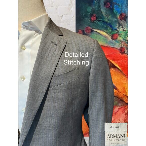 Armani Collezioni G-Line 42R 38x28 Slim Italian Cut Gray Blue Tan Stripe Suit - Picture 4 of 16
